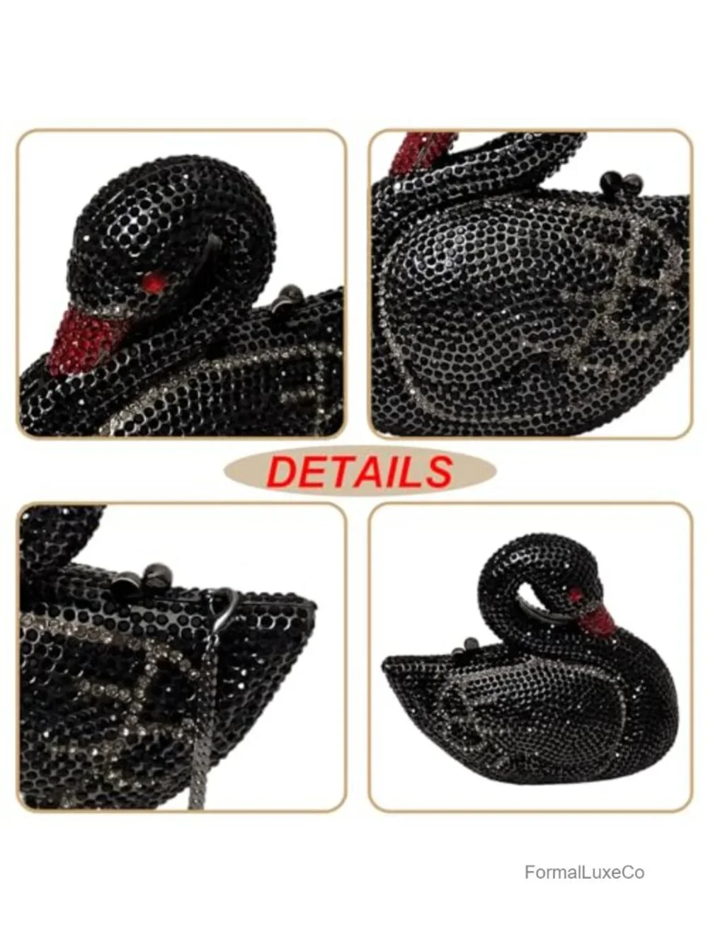 Crystal Swan Evening Clutch Rhinestone Minaudiere Faux Leather Handbag